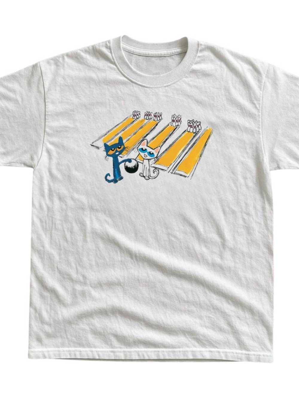 Gildan White Cat Graphic T-Shirt with Blue and Yellow Illustration